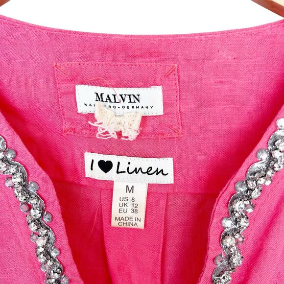 Malvin Pink 100% Linen Beaded Split Neck Tunic Sz M - Picture 3 of 6